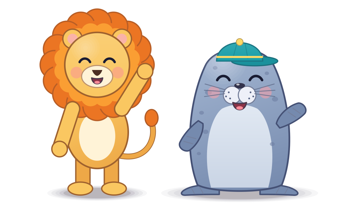 Ari the Lion Cub and Sal the Seal waving hello